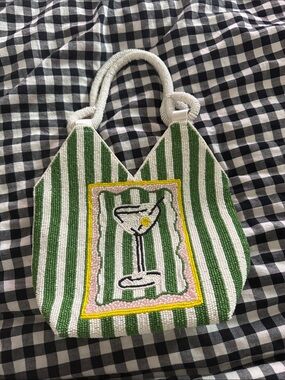 Beaded Green & White Striped Cocktail Tote Bag